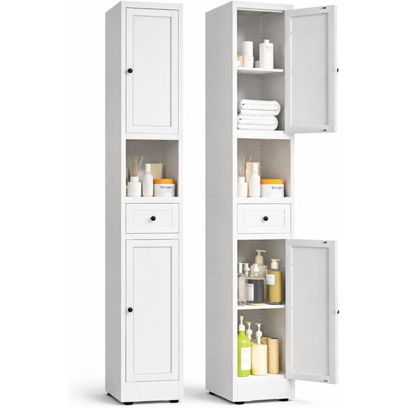 IKIMI 71" Tall Bathroom Cabinet, Metal Narrow Storage Cabinet with 2 Doors and 1 Drawer for Bathroom, Kitchen, Living Room, White