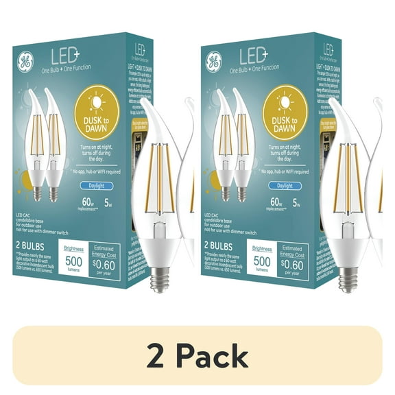 (2 pack) GE LED+ Dusk to Dawn LED Light Bulbs, 60 Watts, Daylight, Small Base, 2pk