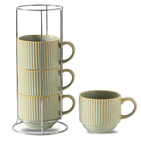 Ceramic Coffee Mug Set Green Earth 15 Ounces Stackable Porcelain Latte Cup