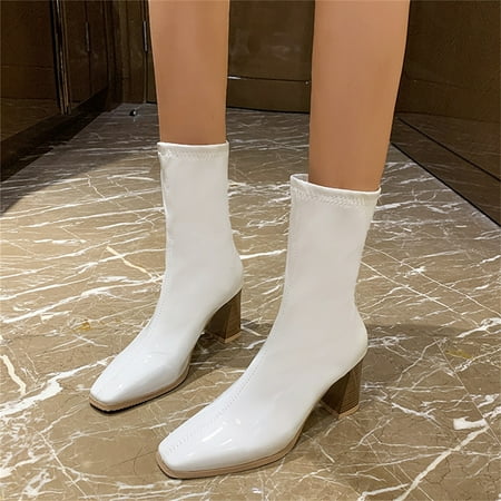 

NEGJ Ladies Fashion Solid Color Bright Leather Square Toe High Heel Boots