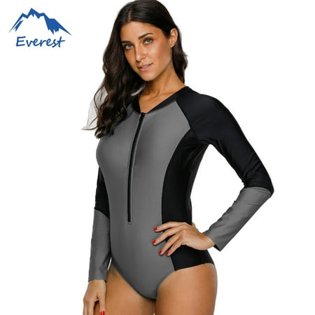 Anti-UV Protection Zip Swimsuit Women Patchwork Rash Guard Swim Surf Swimwear Long Sleeve Bathing Suit, Two