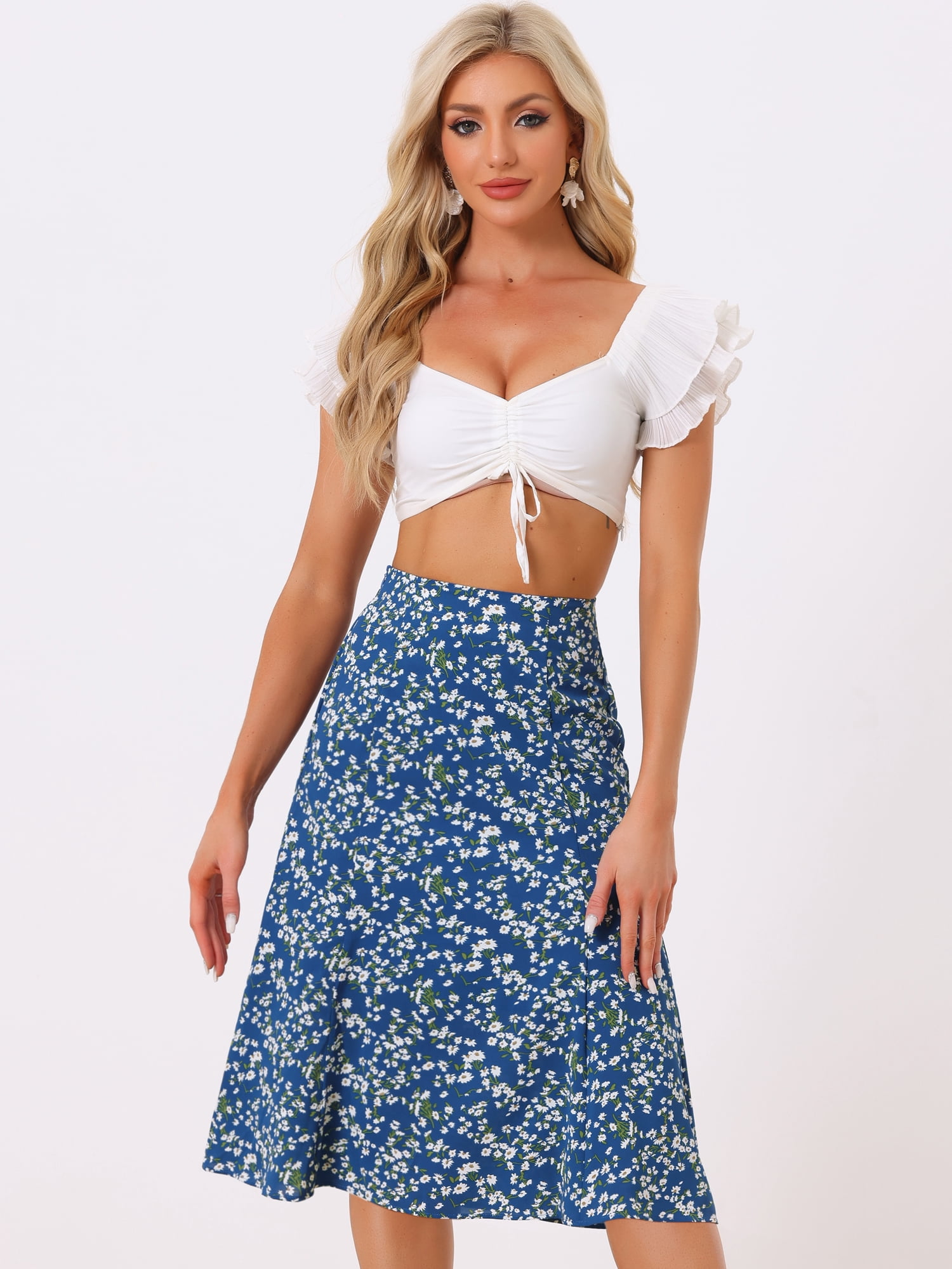 DARING DIVA Women's Elastic Waist A-Line Floral Print Midi Skirt XS Blue