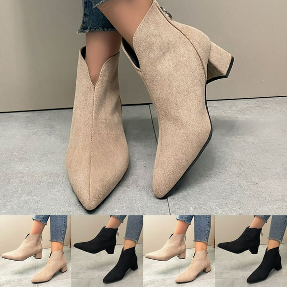 Juebong Women Boots Chunky Stacked Low Heel Comfortable Ankle Boots Classic Pointed Toe Back Zipper Dress Booties Black,38