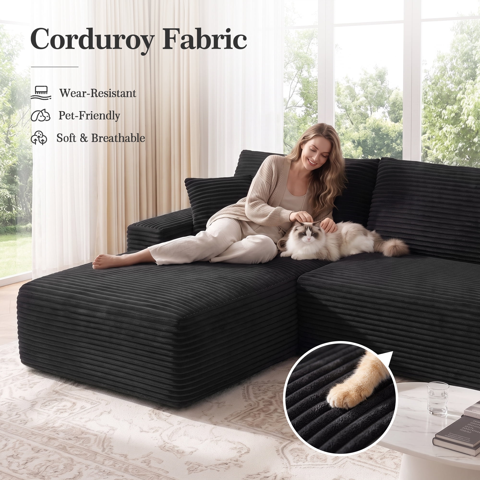 Aukfa 107" Boneless Modular Sectional Sofa, L-Shaped Corduroy Couch with Deep Seat and Left-Facing Chaise for Living Room, Black