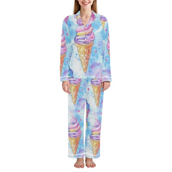FORMRS Womens Pajama Set Long Sleeve Top and Pants with Pockets Soft Comfy Lounge Sleepwear, Sizes S-2XL, Watercolor Ice Cream Pattern