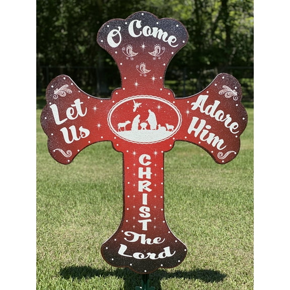 Christmas Yard Art Cross with White Silhouette Glittered Nativity Graphics