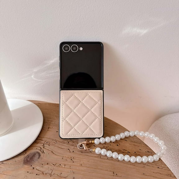 Allytechgroup for Motorola Razr 2024 Case with Pearl Hand Strap, Stylish Fashion Back Cover Anti-Scratch Shockproof Protective Slim Fit Shell Bumper Phone Case for Girls Women, Khaki