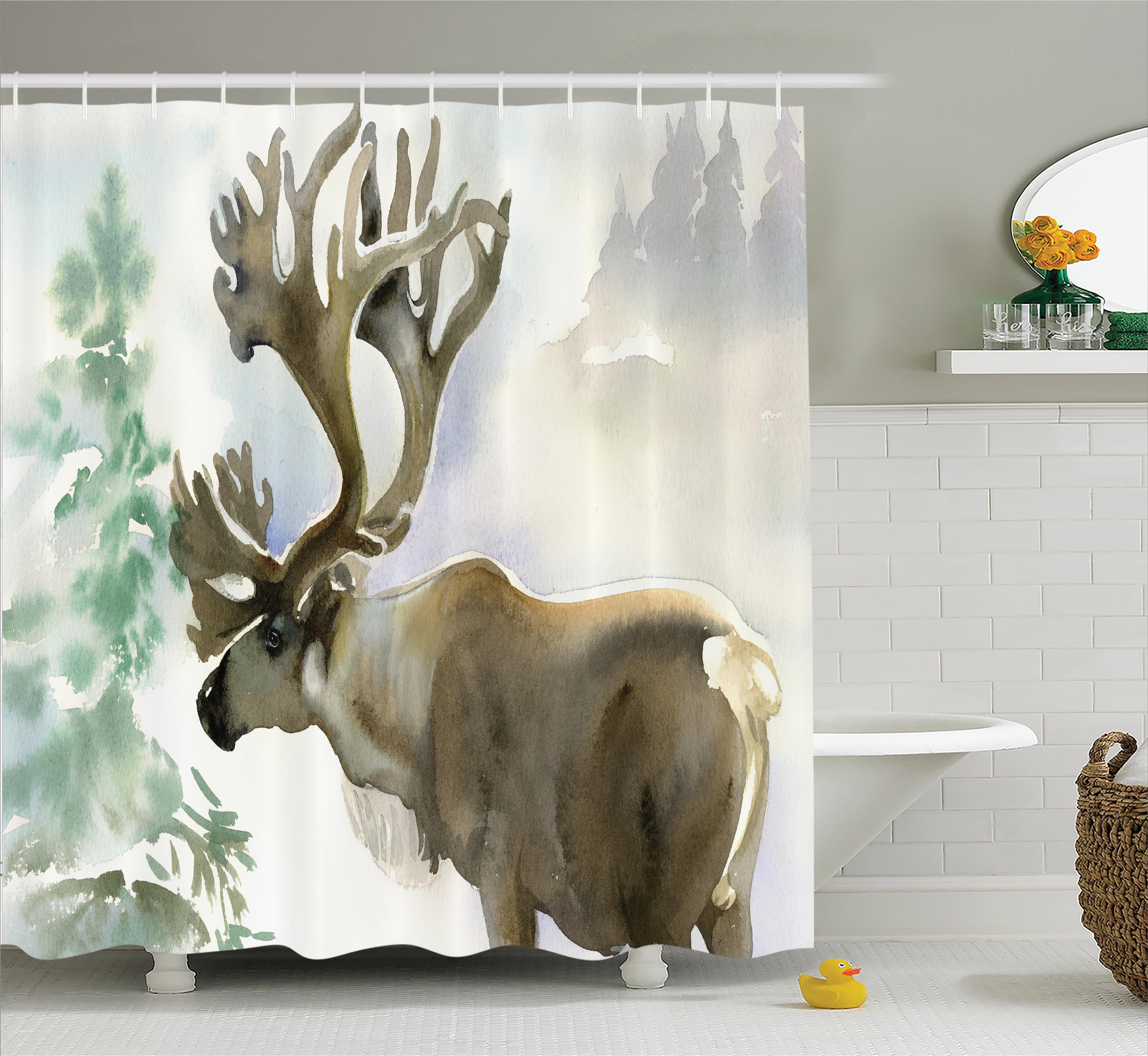 Deer Shower Curtain Set, Moose in Winter Forest Wildlife Reindeer