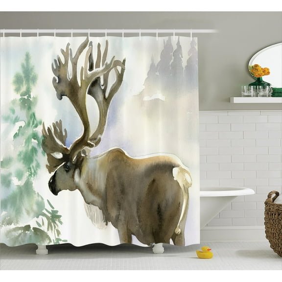 Ambesonne Deer Shower Curtain, Winter Forest Paint Style, 69"Wx70"L, Beige Green