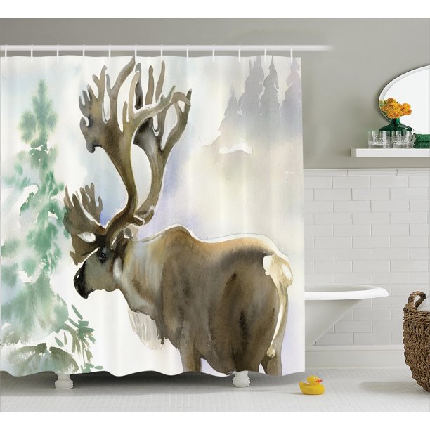 Deer Shower Curtain Set Moose In Winter Forest Wildlife Reindeer Christmas Theme Watercolor Painting Style Art Bathroom Decor Beige Green By Ambesonne Walmart Com Walmart Com