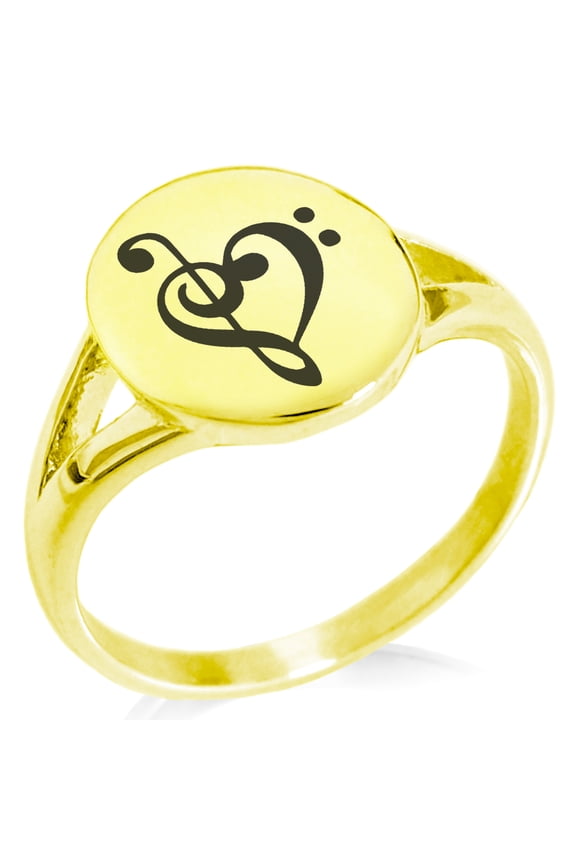 Stainless Steel Treble Bass Clef Musical Heart Minimalist Oval Top Polished Statement Ring