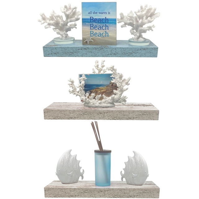 Sorbus Floating Shelf Set - Rustic Wood, Multi Color (3 - Pack, Rustic White, Rustic White, Rustic Green)