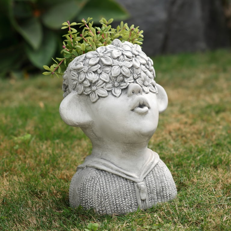 LuxenHome Gray MgO Kissing Flower Child Bust Planter