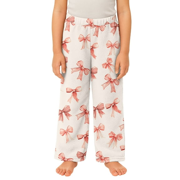 YOUYEDIAN Comfy Pajama Pants for Girls Stretch Drawstring Lounge Pants with Pockets Bow Print Casual Wide Leg Pjs Bottoms Beige 6-7 Years