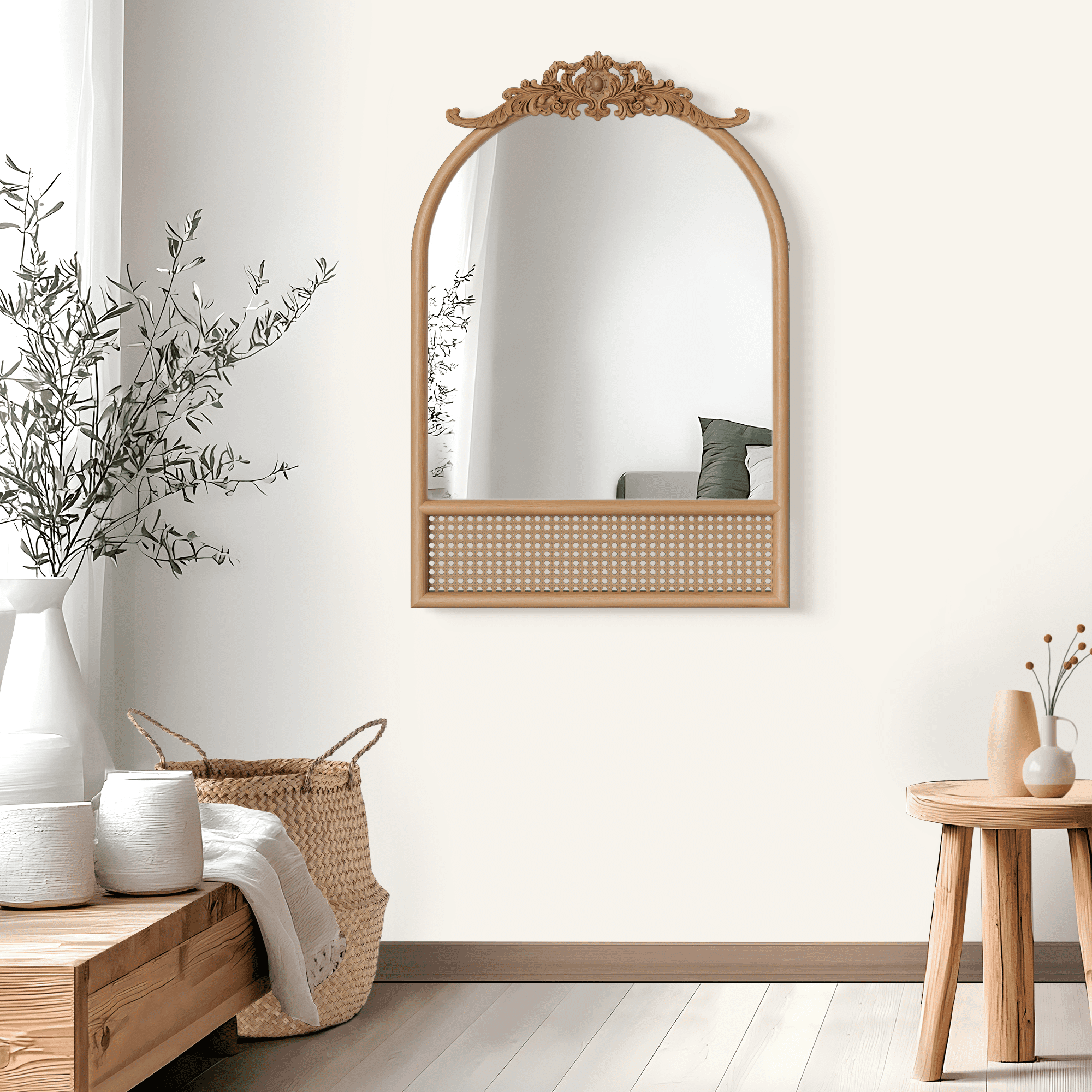 MAYEERTY 36"×24" Brown Solid Wood Arched Wall Mirror Right Angles, Carving & Rattan Weave for Living Room