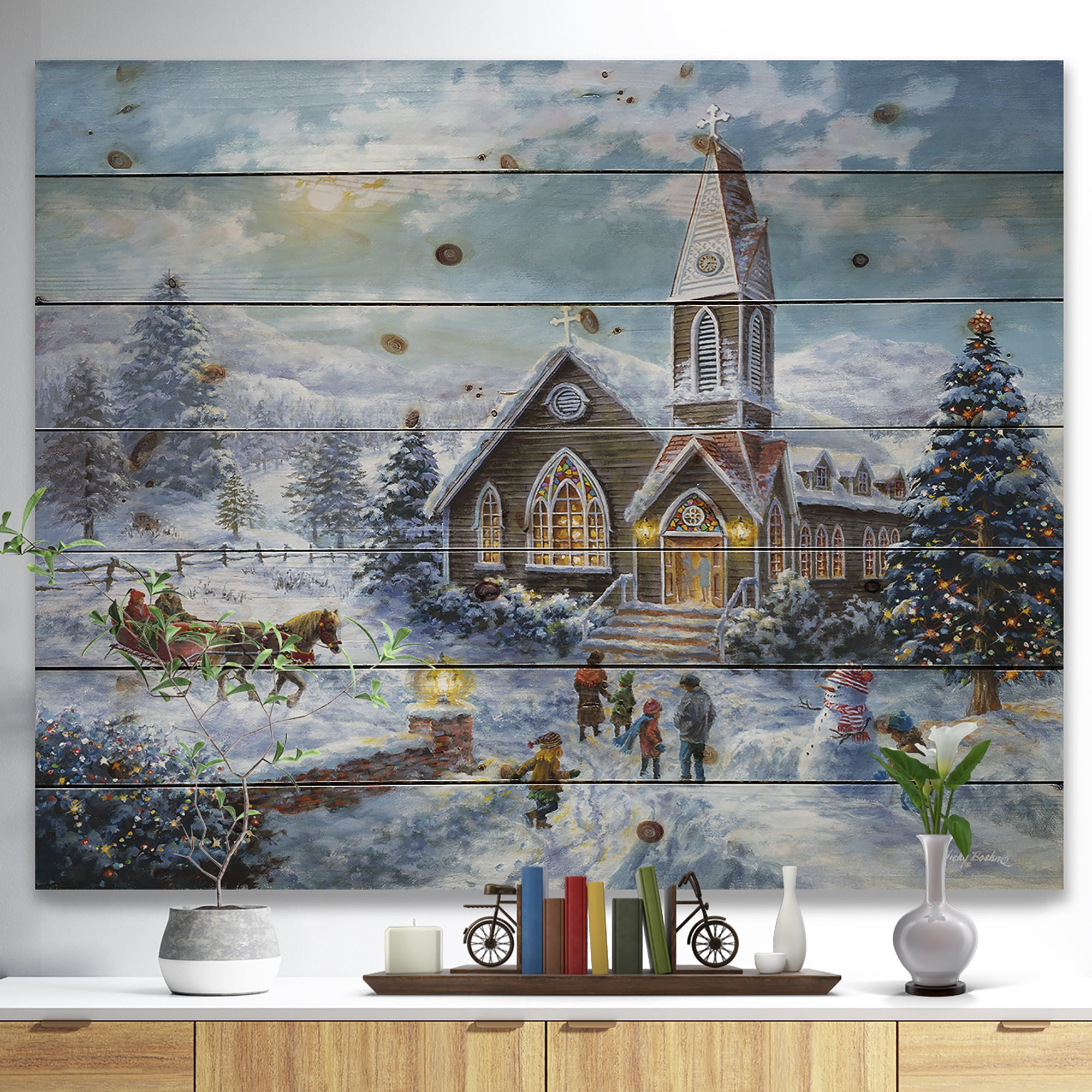 Designart 'Christmas worship, Parents Pray, Children Play' Print on Natural Pine Wood