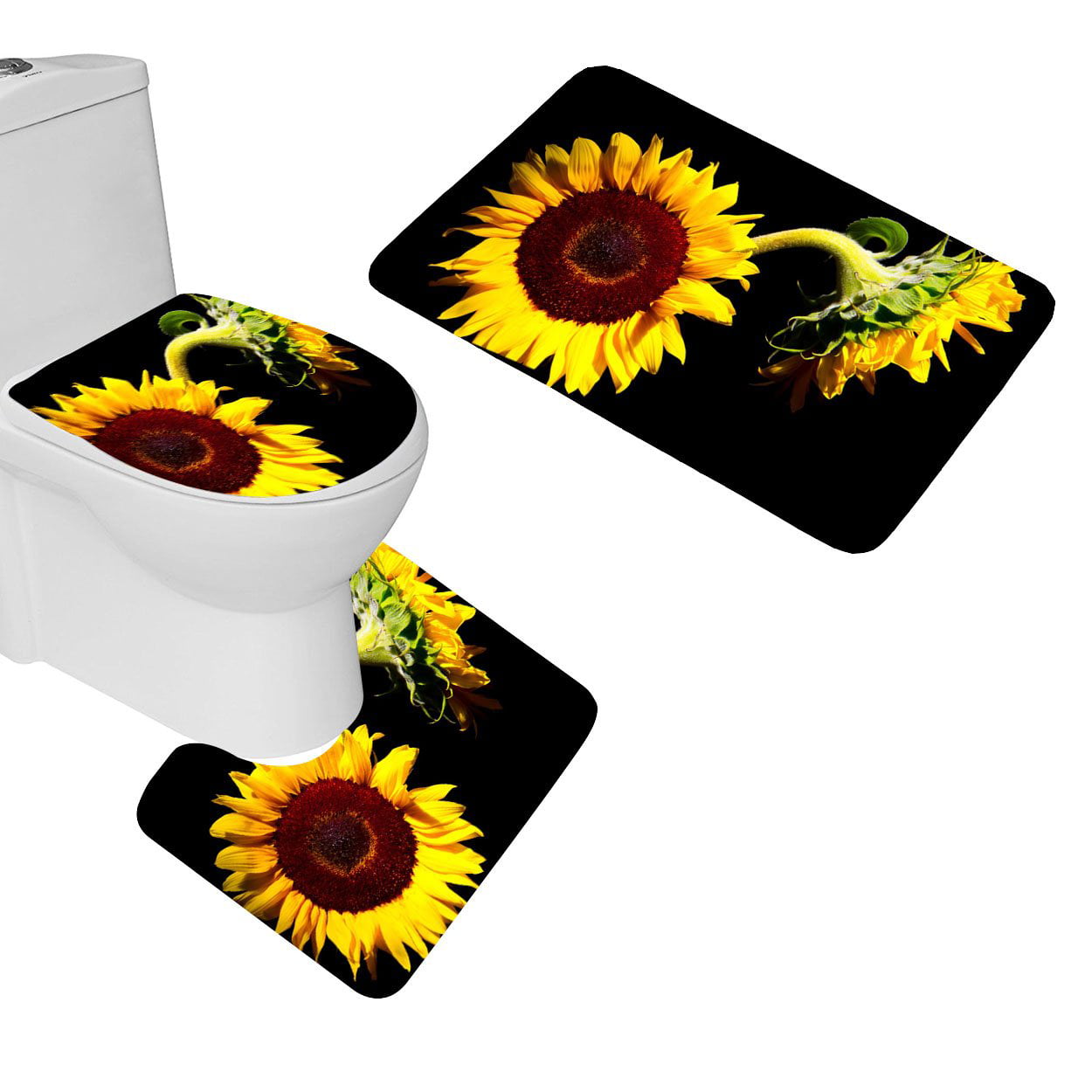 3PCS Sunflowers Soft Non Slip Bathroom Shower Mat Toilet Floor Rug Carpet Pad 