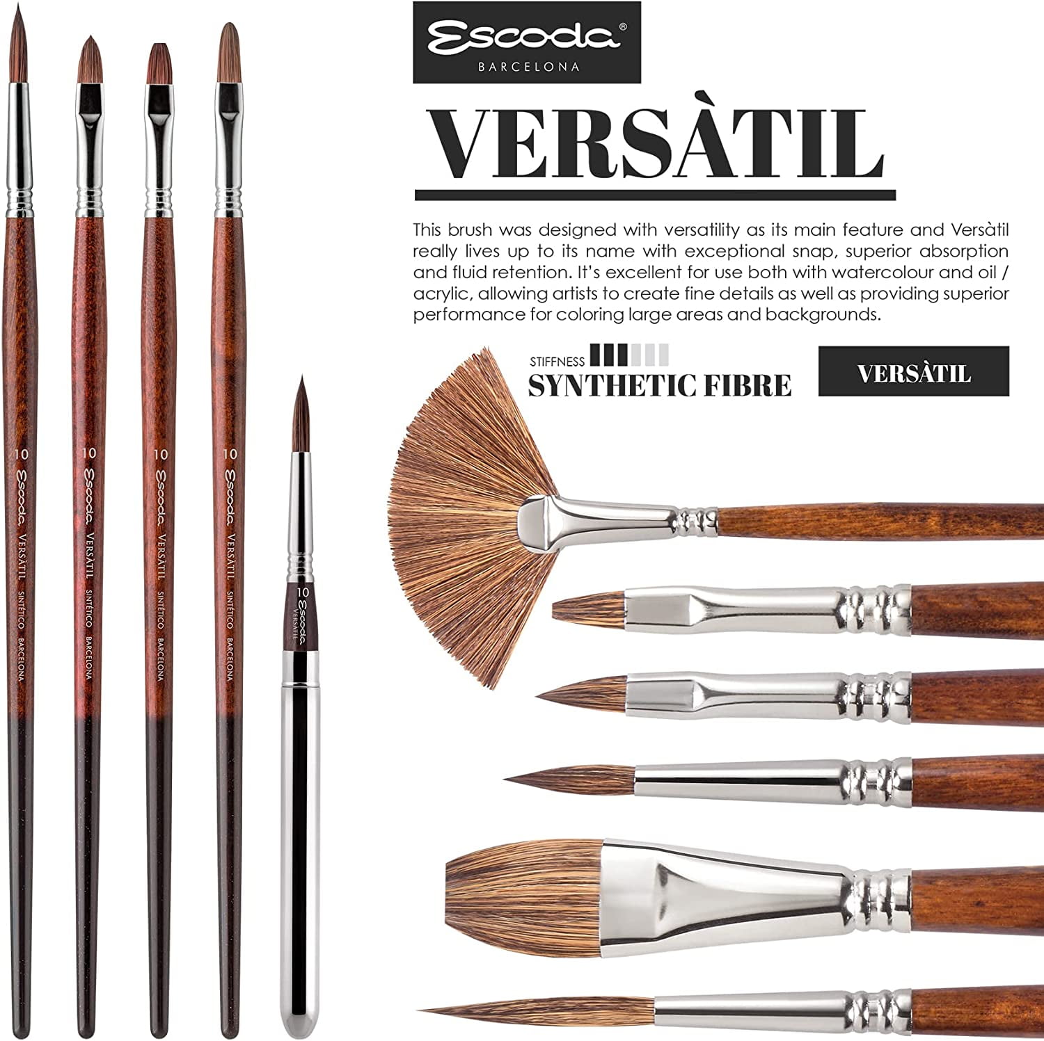 Escoda Versatil Brush - Pointed Round, Size 18, Short Handle