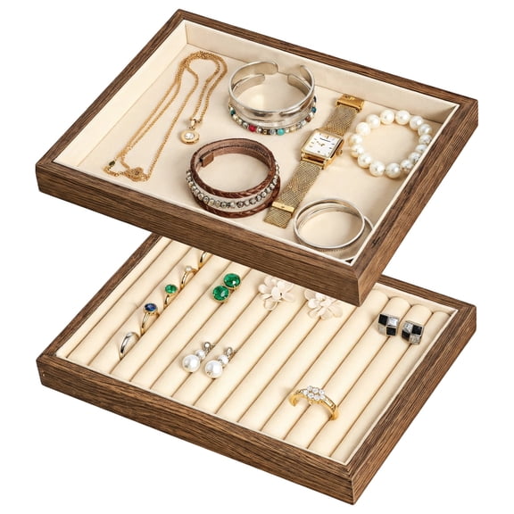 2-Piece Wooden Jewelry Tray Set,Flannel-Lined Stackable Organizer, Dresser Tray for Rings, Earrings, Necklaces,Countertop Decor,Gift