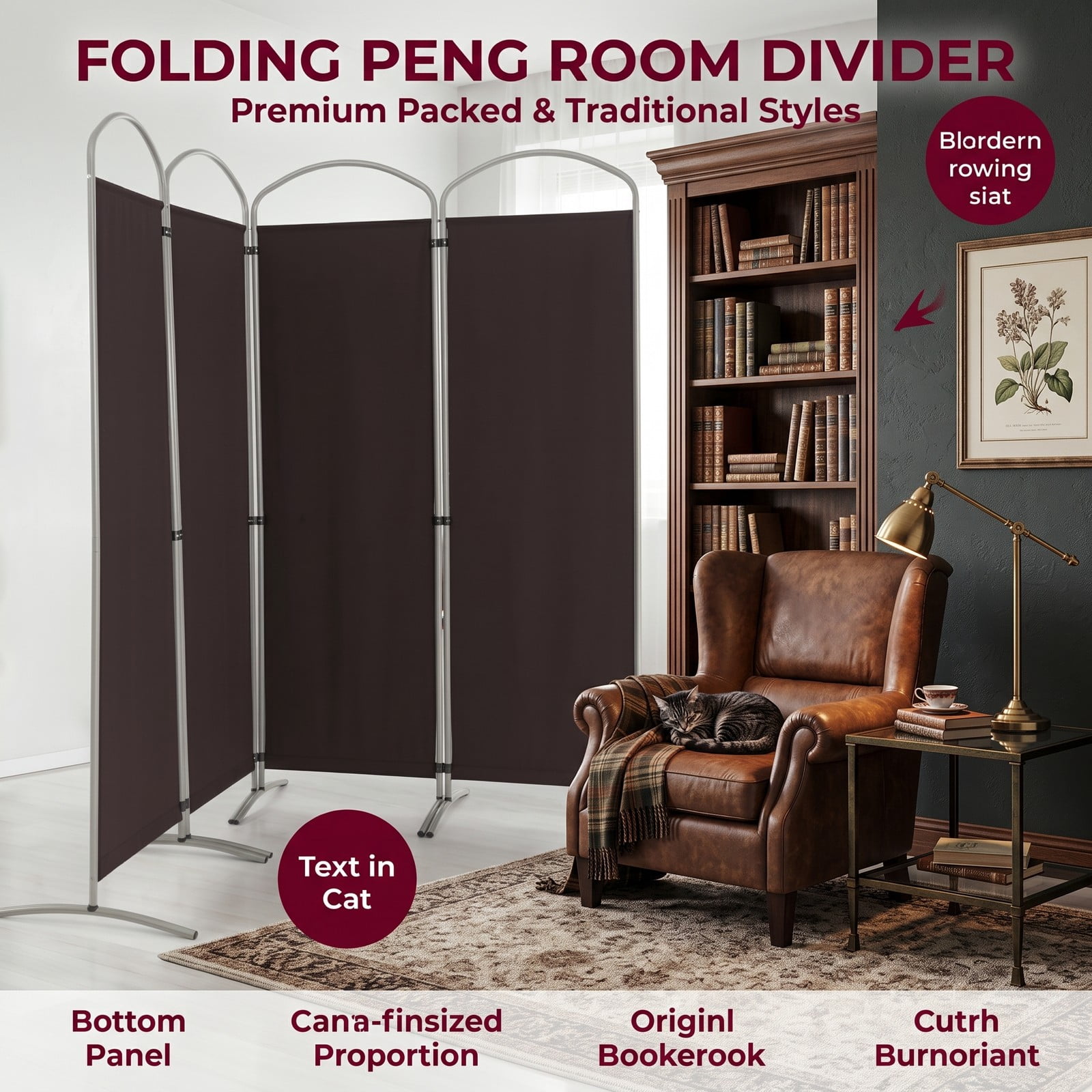 ALPULON 6.2Ft Folding 4-Panel Room Divider Freestanding Privacy Screen Partition for Home Office Living Room Bedroom, Polyester Fabric with Metal Base, Brown