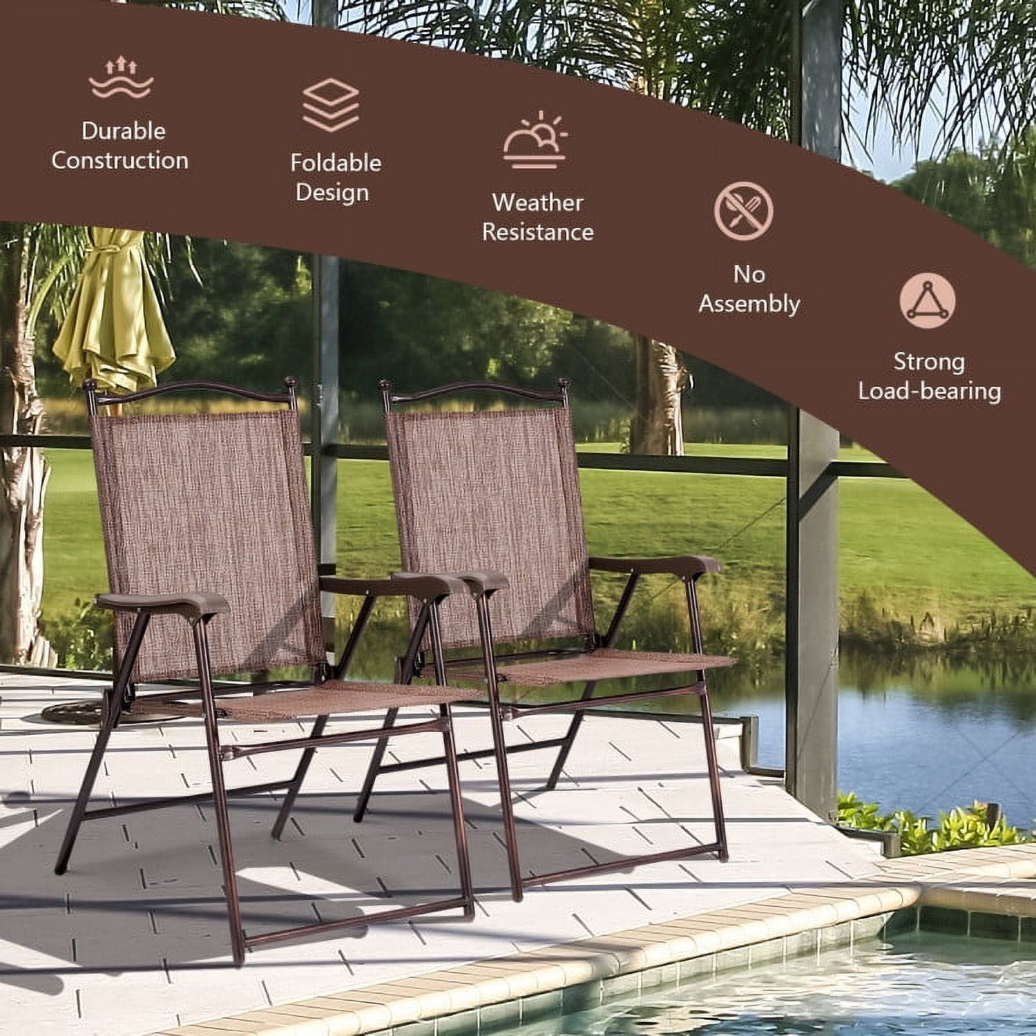 Aimee Lii Set of 2 Patio Folding Sling Back Camping Deck Chairs, Outdoor Patio Set, Brown