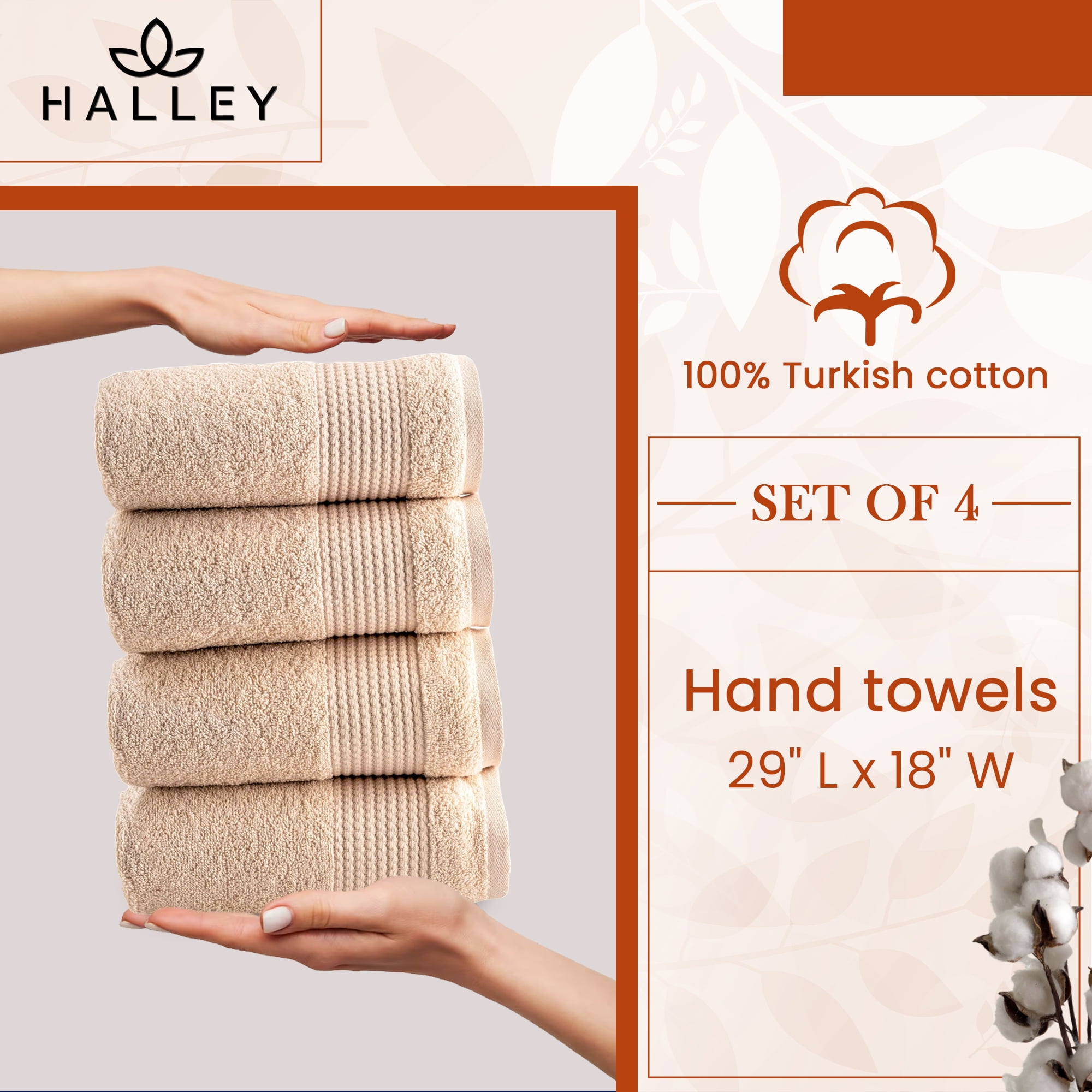HALLEY Turkish Hand Towels Set - 4 Pack Bathroom Set, Ultra Soft, Machine Washable, Highly Absorbent, 100% Cotton - Luxury Spa Quality - Brown