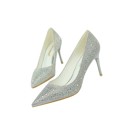 

Ferndule Ladies Stiletto Heel High Heels Casual Rhinestones Dress Shoes Fashion Pointed Toe Pumps Silver 7.5