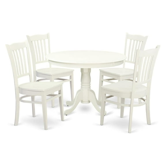 HomeStock 5 Piece Dining Room Set Includes a Round Dining Table with Pedestal and 4 Wood Seat Chairs, 42x42 Inch, Linen White