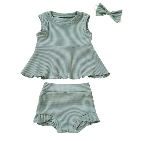 

Summer Savings! Stamzod 0-18Month 3 Piece Skirt Outfits For Girls Summer Lounge Set Clearance French Rib Solid Color Pullover Crew Neck Dress Top Ruffle Shorts Bow Headband Comfy Set