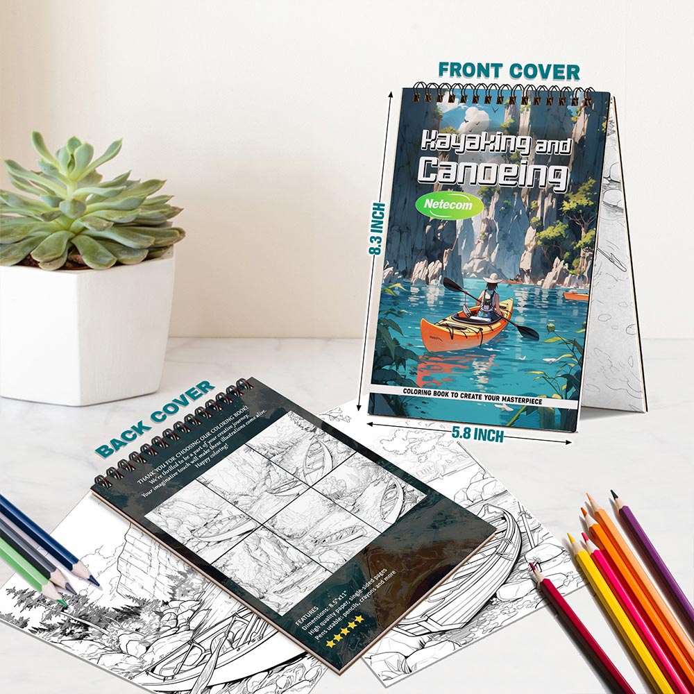 Kayaking and Canoeing Coloring Book Spiral Bound for Adults, A5 Wooden Cover, 30 Coloring Pages of Serene Water Scenes, Adventure Landscapes, Paddle Designs for Stress Relief and Relaxation