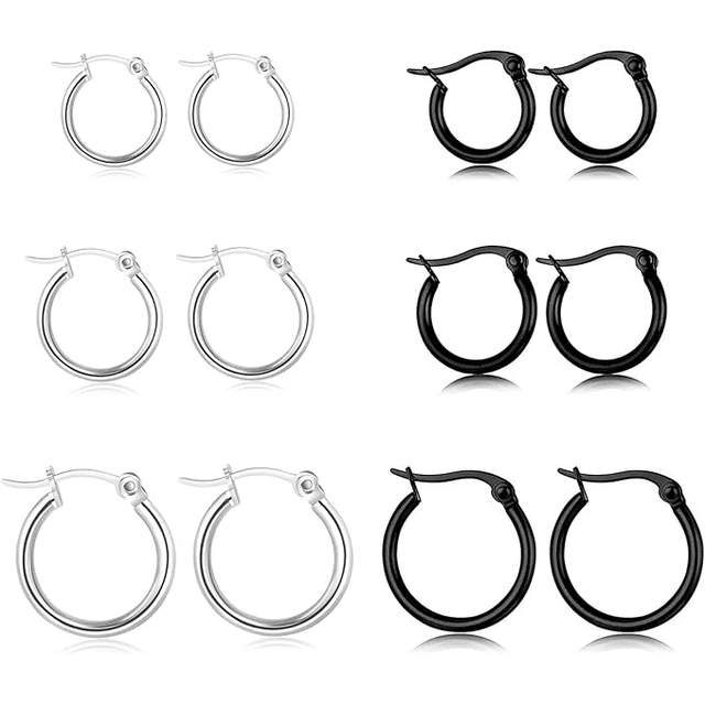 Juego de 10 pares de aretes de aro de plata para mujer, de acero quirúrgico, ligeros Xtellar negro