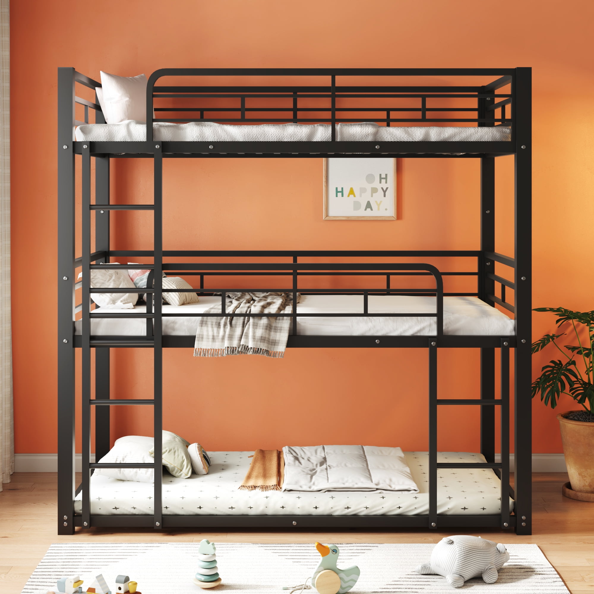 Euroco Metal Twin over Twin over Twin Bunk Bed, Triple Bed for Kids Room, 3 Twin Beds for Kids Teens Adults, Space-Saving, Black