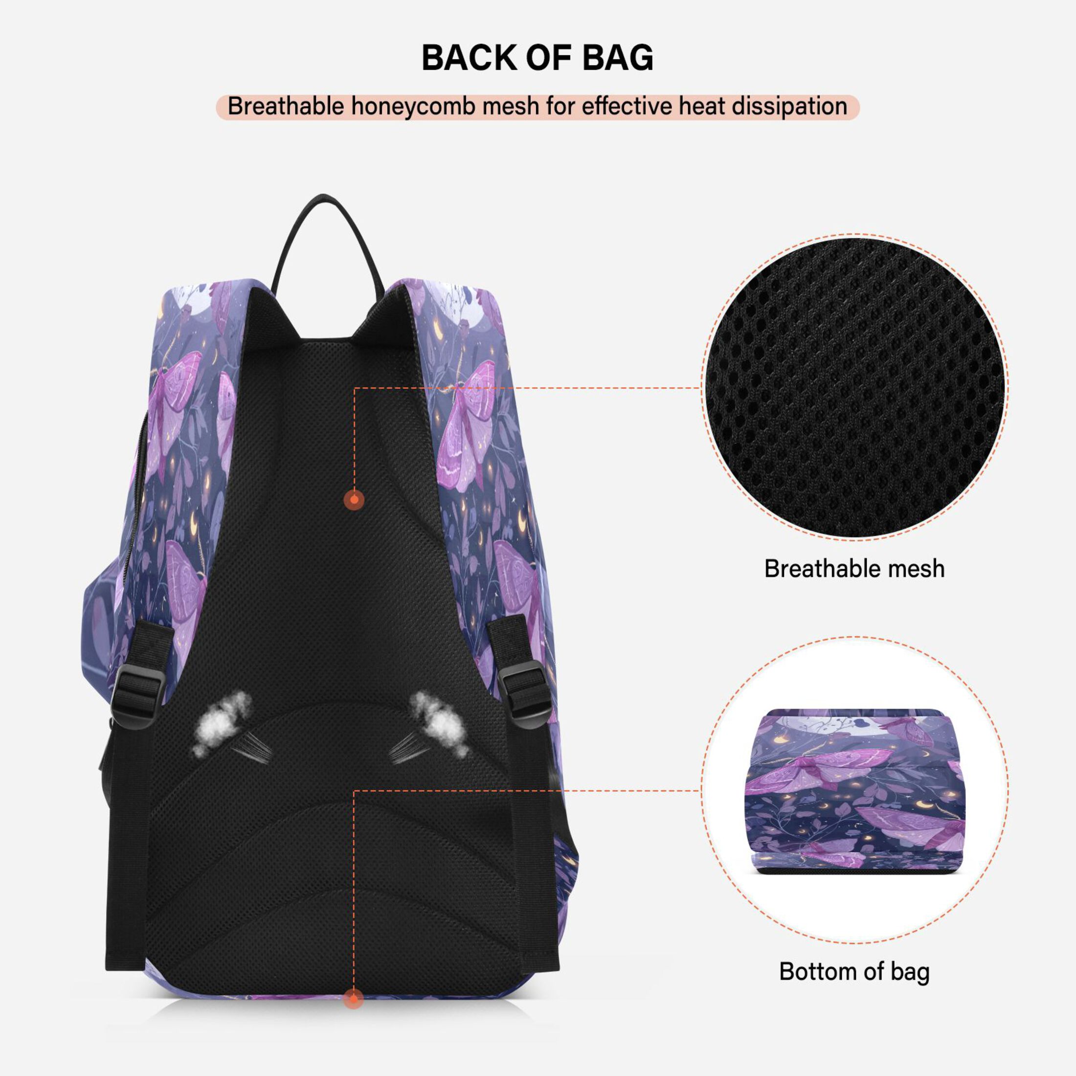 2 Racquet Holder Tennis Backpack Tennis Racket Covers Gym Bags Purple Lilac Moths