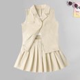 thumbnail image 5 of LFEOOST Toddler Girl Skirt Set with Jacket Sleeveless Blazer Vest Solid Crop Top Kids Pleated Skirt Outfit Summer Clothes (Beige, 4Y), 5 of 7