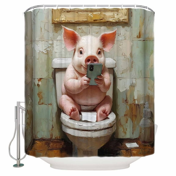 Funny Animal Shower Curtain, 36" x 72", Pig Sitting on Toilet Pig Playing Phone Waterproof Bathroom Curtain Washable Shower Curtain Set with 12 Hooks