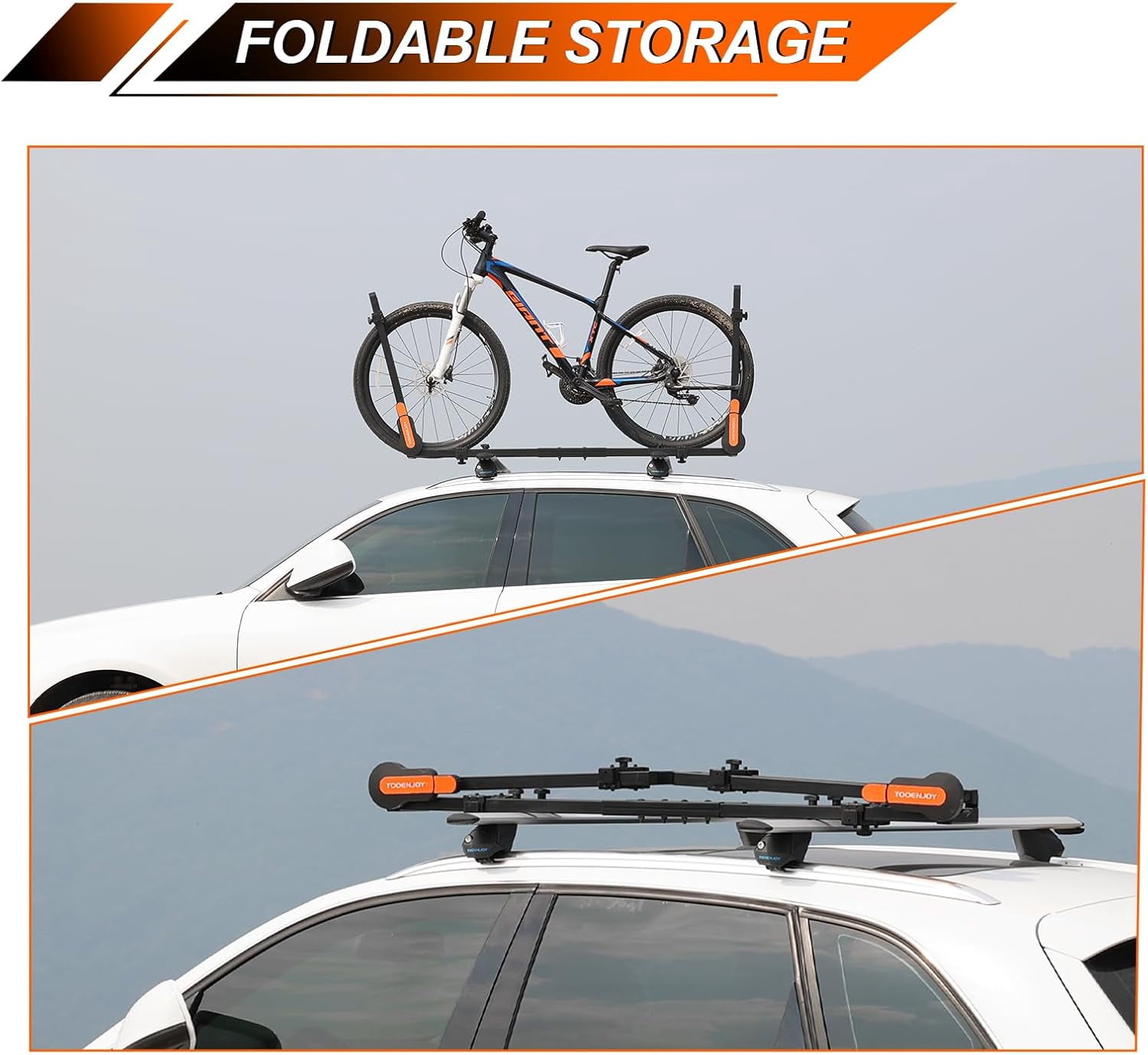 TOOENJOY Roof Mount Bicycle Car Rack, Upright Bike Rooftop Mount Rack with Dual Load Arm & Safe Ratchet Lock,Only for Movable Crossbar