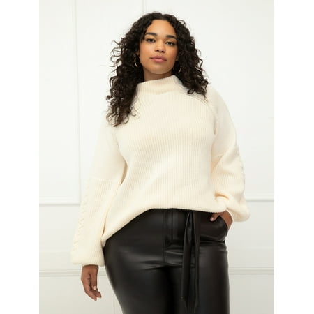ELOQUII Elements Women's Plus Size Funnel Neck Sweater With Balloon Sleeve