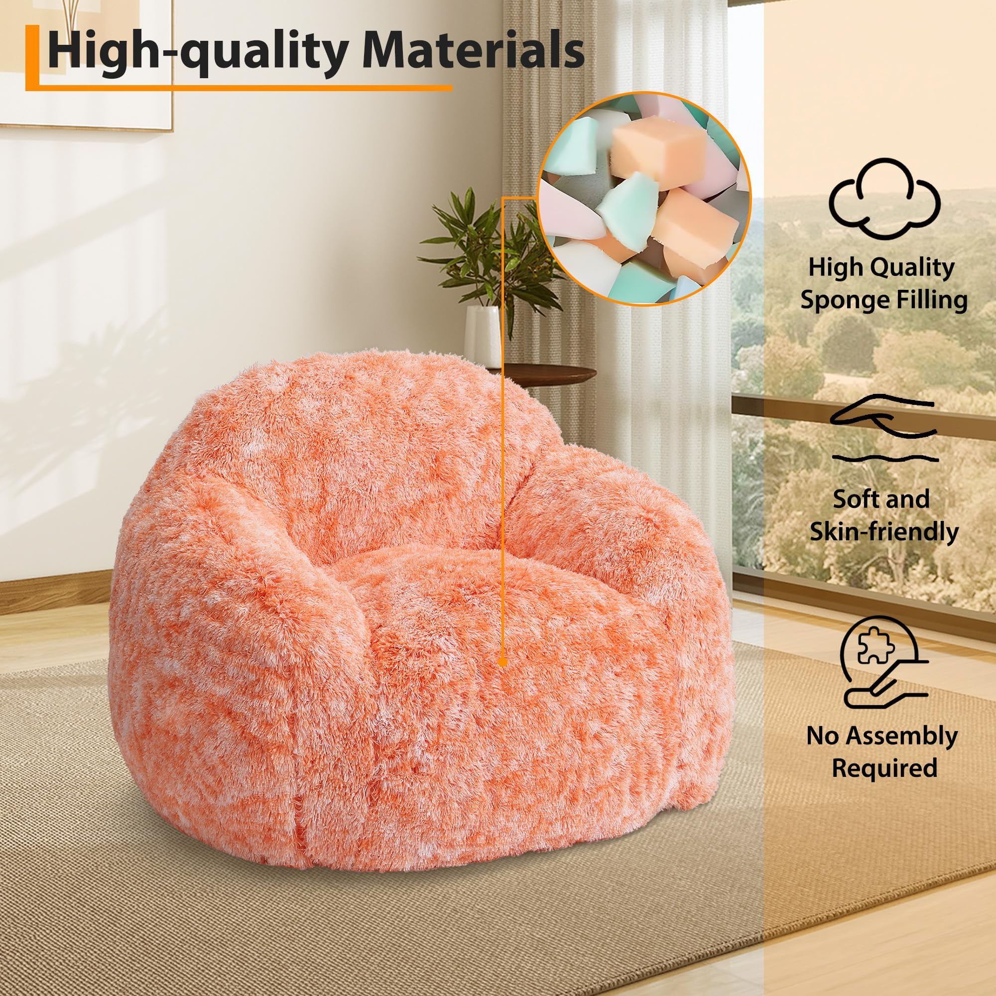 BouPower Bean Bag Chair for Adults, Plush Fluffy Faux Fur Sofa, Premium High-Density Sponge Filler Ergonomic Backrest & Armrests, Removable Washable Cover Comfy Lazy Chair for Bedroom Living Room
