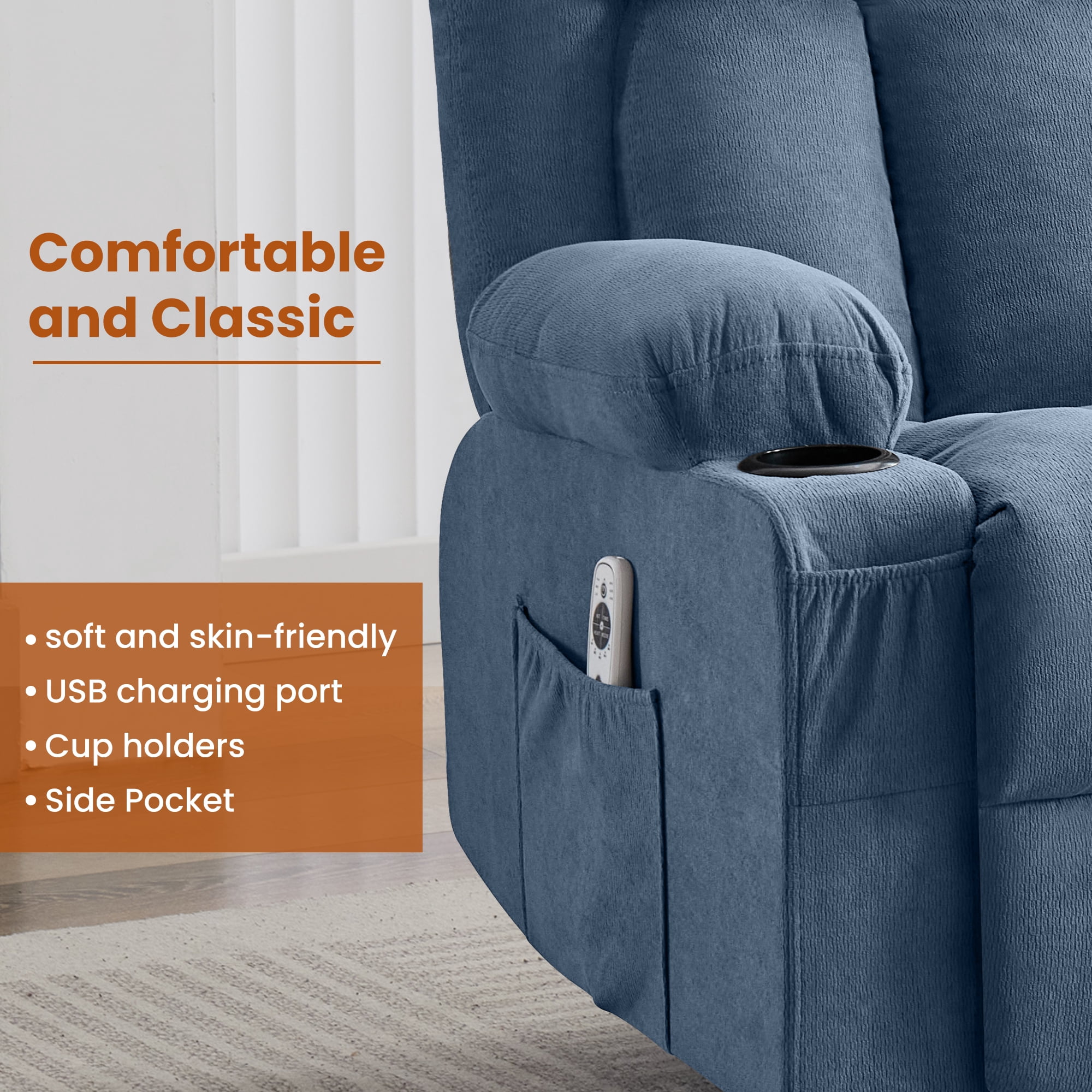 Alvantor Swivel Recliner Chair with Massage & Heat for Adults, Single Rocker Sofa with Cup Holders for Bedroom Home Theater Blue