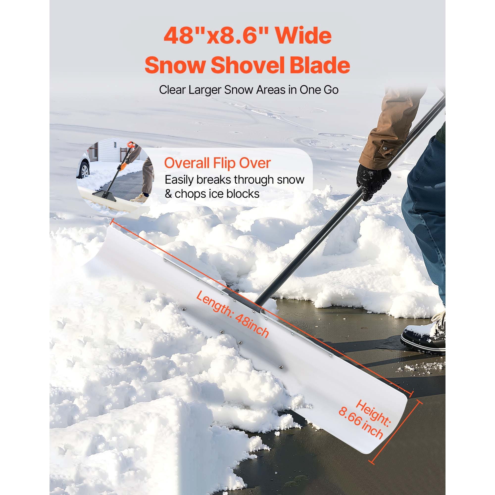 48" Snow Pusher Shovel with Metal Edge, HDPE Blade, Anti-Slip Grip, Segmented Handle, for Driveway Deck Stairs Winter Snow Removal