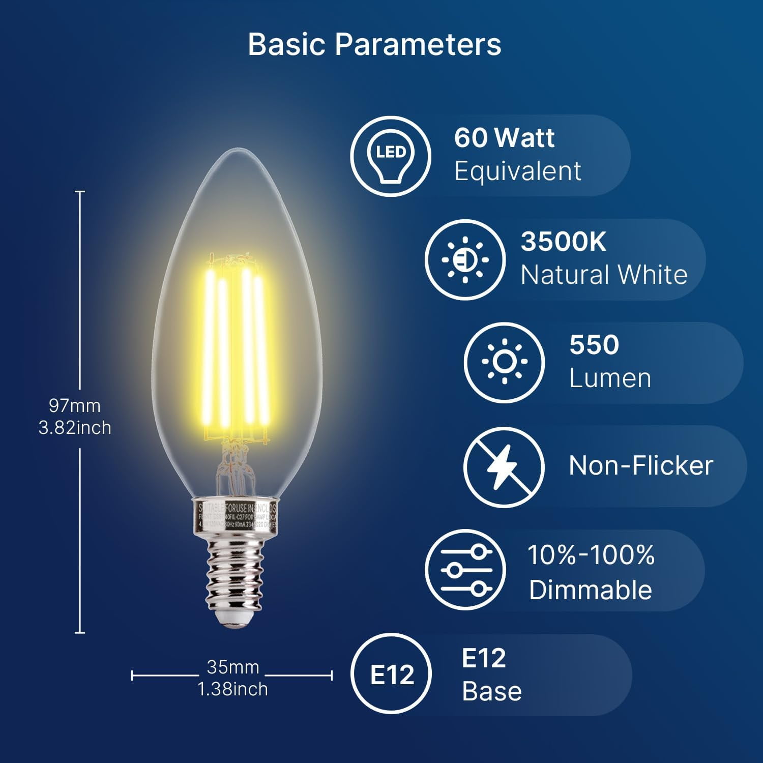 JJEAN-60W Equivalent LED Chandelier Light Bulbs, Dimmable LED B11 E12 Candelabra Base Bulbs, 3500K Natural White, 550LM, 6 Pack UL,CA65 Listed.