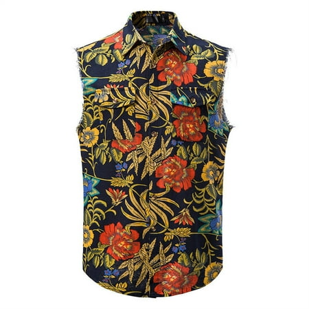 

TKing Fashion Mens Shirts Fashion Men s Summer Cotton Linen Printed Shirt Sleeveless Cotton Plus Size Lapel Sleeveless Vest Shirts For Men(Yellow L)