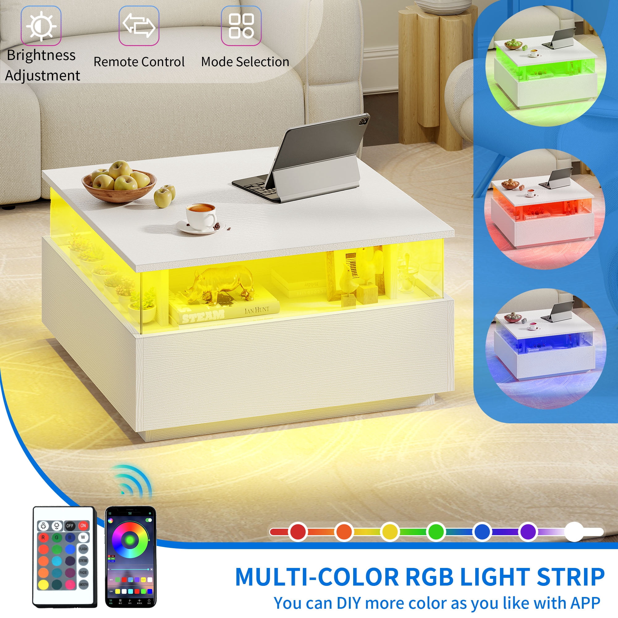 Uforic Square LED Coffee Table with 4 Drawers, Acrylic Living Room Table with Storage Shelf, White