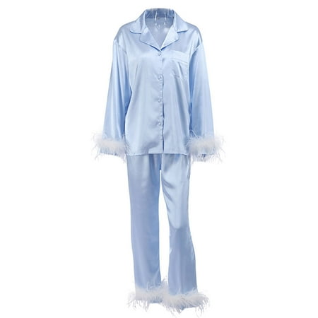 

BYDOT Cute Feather Pajamas Set Simulation Silk Ice Silk Ladies Homewear 2 Piece Set