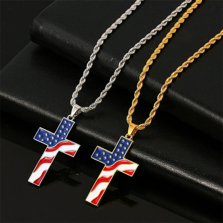 Chains for Necklaces Flag Day Gift Stainless Steel American USA Flag Cross  Religious Pendant Necklace Jewelry for Men Alt Necklaces (Silver, One Size)
