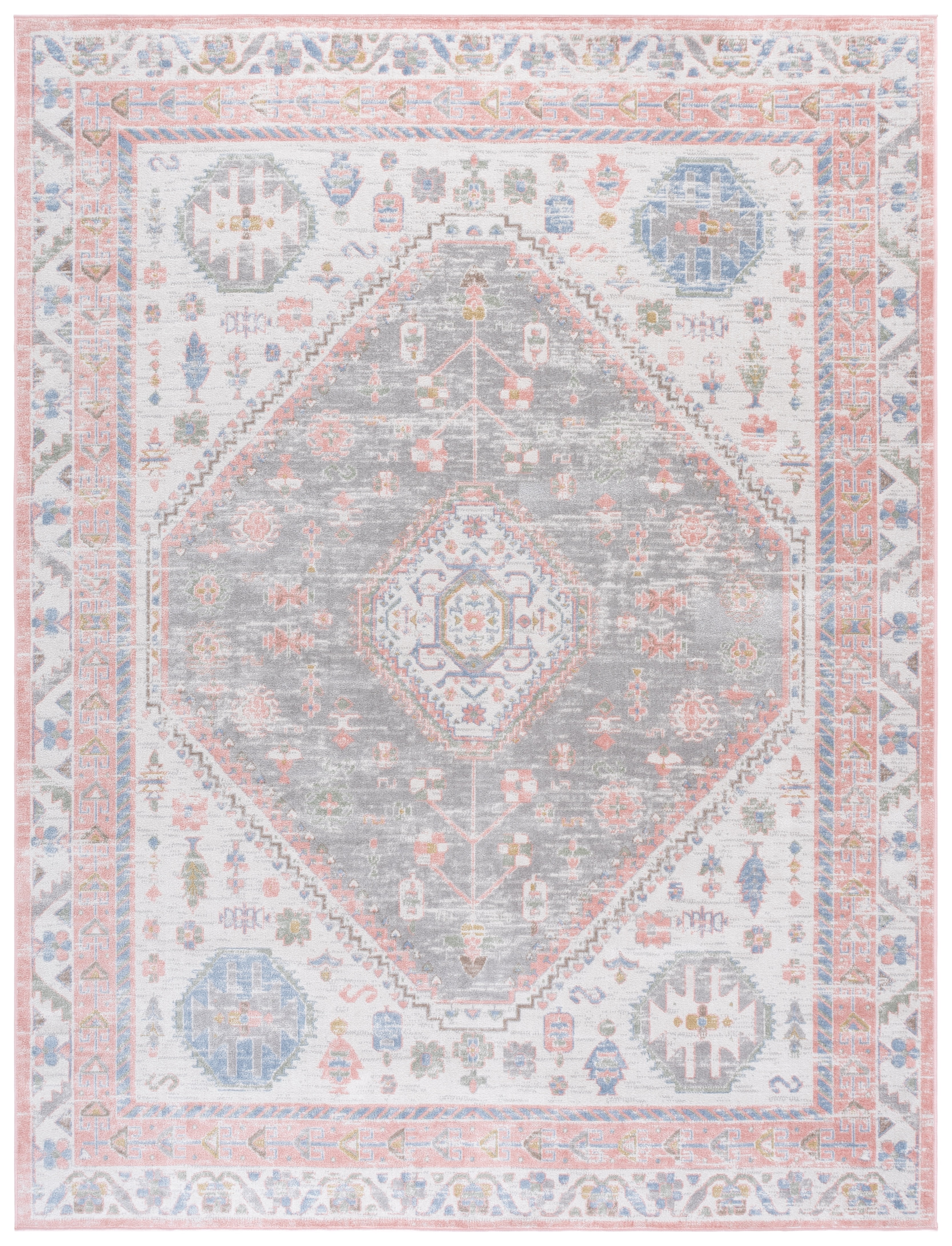 SAFAVIEH Bayside Sherwood Oriental Polyester Machine Washable Area Rug, Ivory/Blue Pink, 8' x 10'