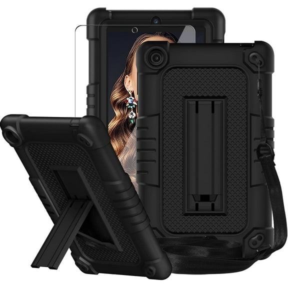 FIEWESEY Case for Walmart Onn 7 Inch Gen 3 2022 Tablet(Model:100071481),Shockproof Kids Rugged Case with Shoulder Strap&Stand Cover for Walmart Onn 7 Gen 3 2022 Screen Protector(Black/Black,1 Pcs)