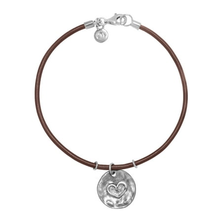 - Hammered Heart Charm Bracelet in Sterling Silver and Leather