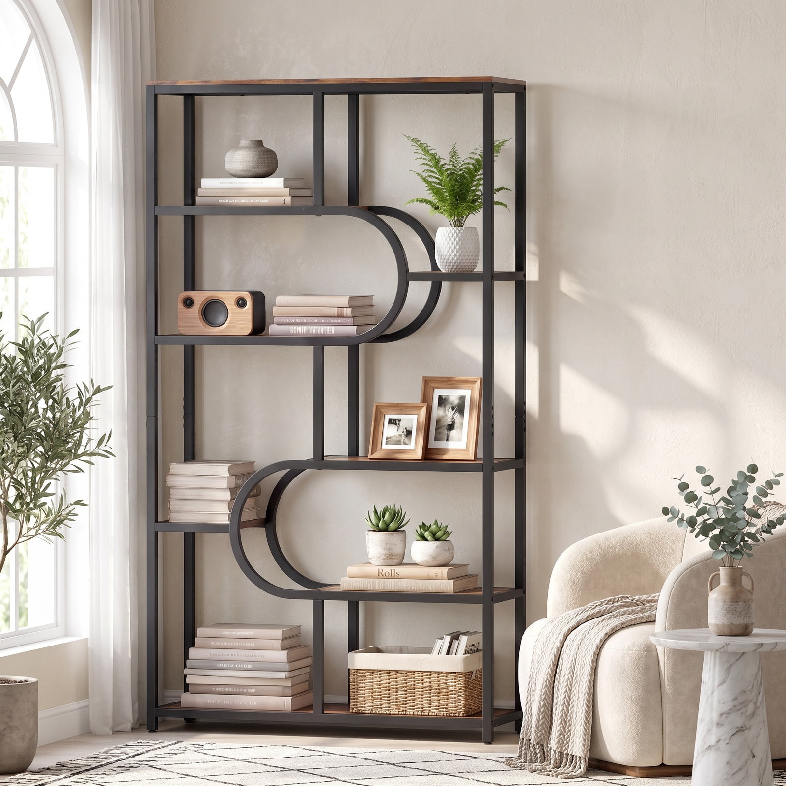 Furnibear 5-Tier Bookshelf Tall Etagere Bookcase with Open Storage Shelves and U Shape for Living Room Home Office Bedroom Display, Rustic Brown