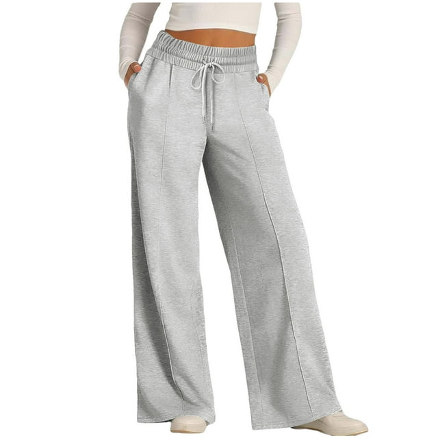 Dealovy Women Pants Casual Elastic High Waist Drawstring Wide-Leg Sweatpants Solid Color Loose Fitted Trousers with Pockets
